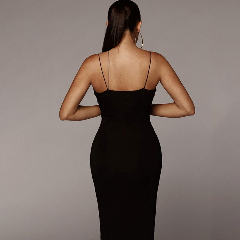 Martina - col en v coupe ajustée moulante longue robe sans manches dos nu