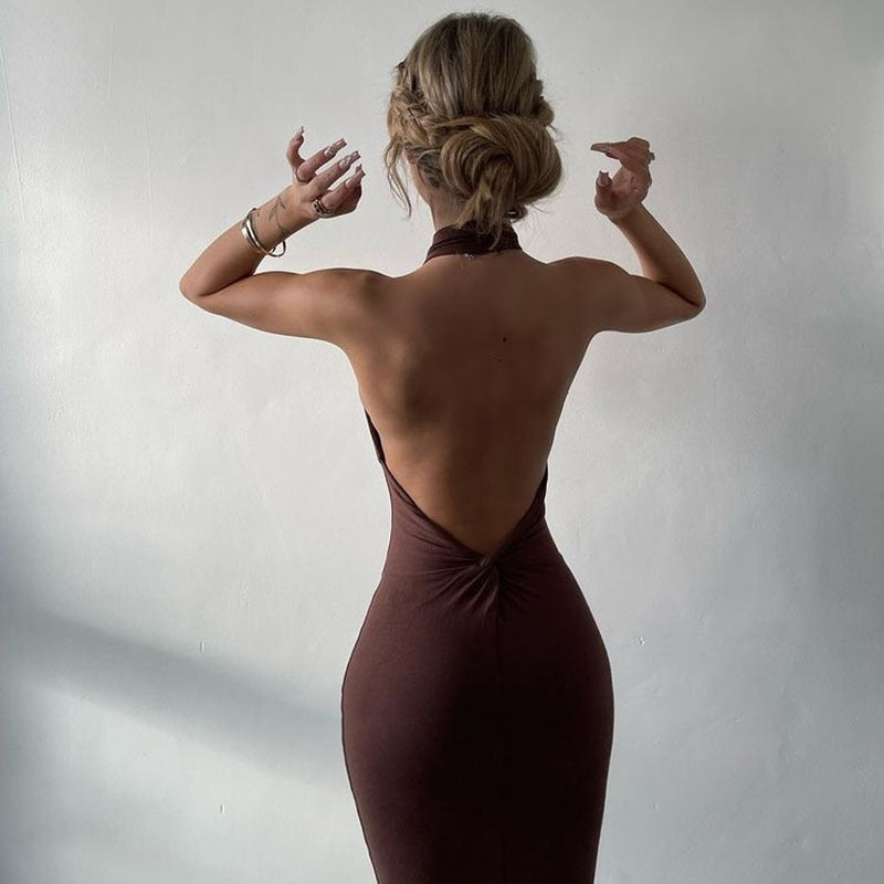 Luxura - Robe longue marron a dos nue