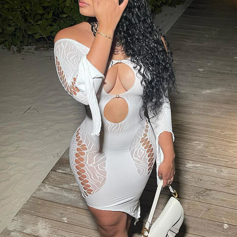 Kylie - Robe d'ete mi longue en nilon a motif en découpe
