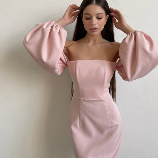Penela - Robe evasé a manche longue blanc/rose